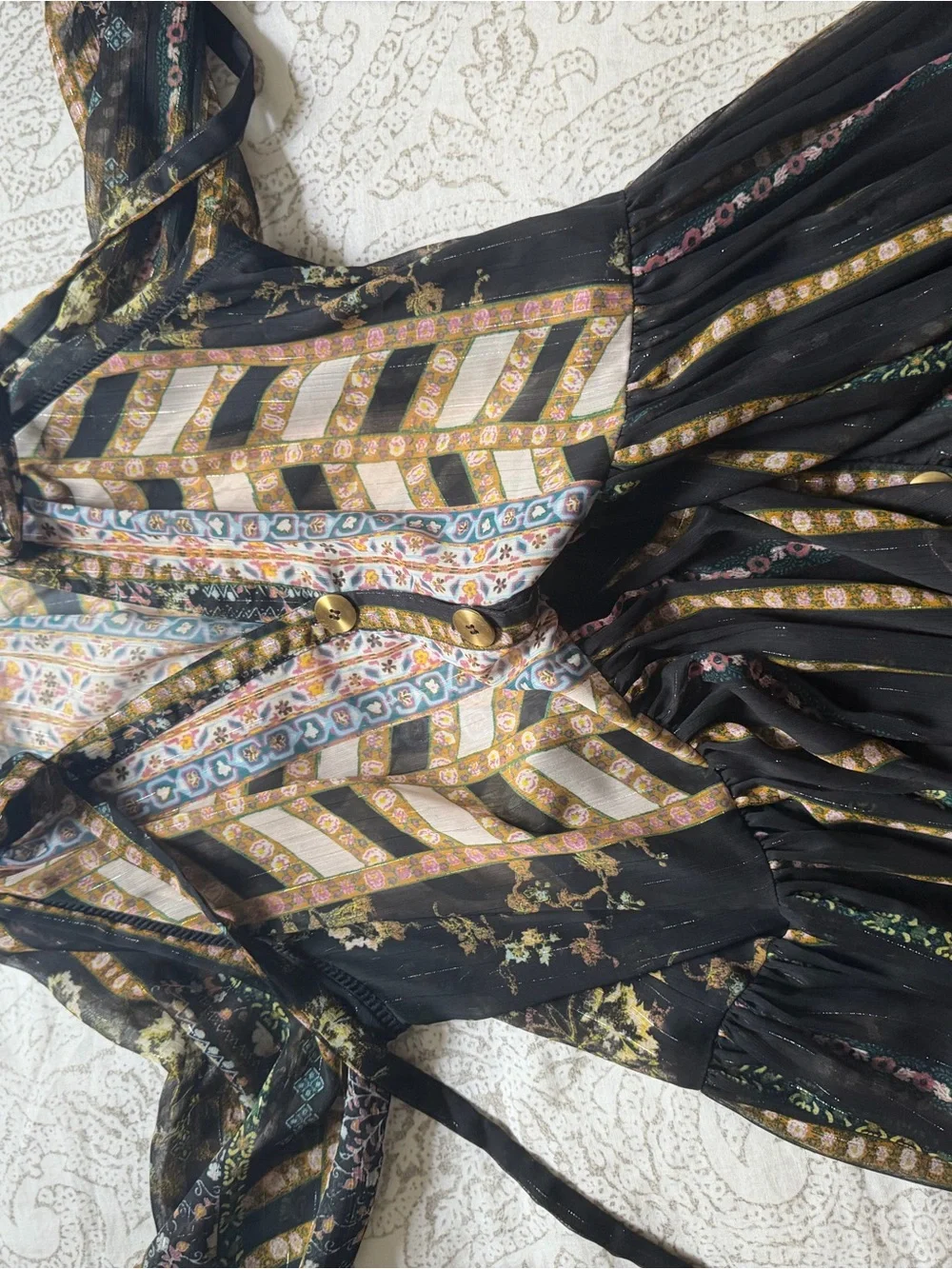 Free People Black and Gold Mixed-Print Long Sleeve Midi Dress